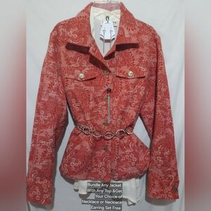 Rebecca Malone Womens L Jacquard Denim Jacket Red Floral Paisley Shell Buttons